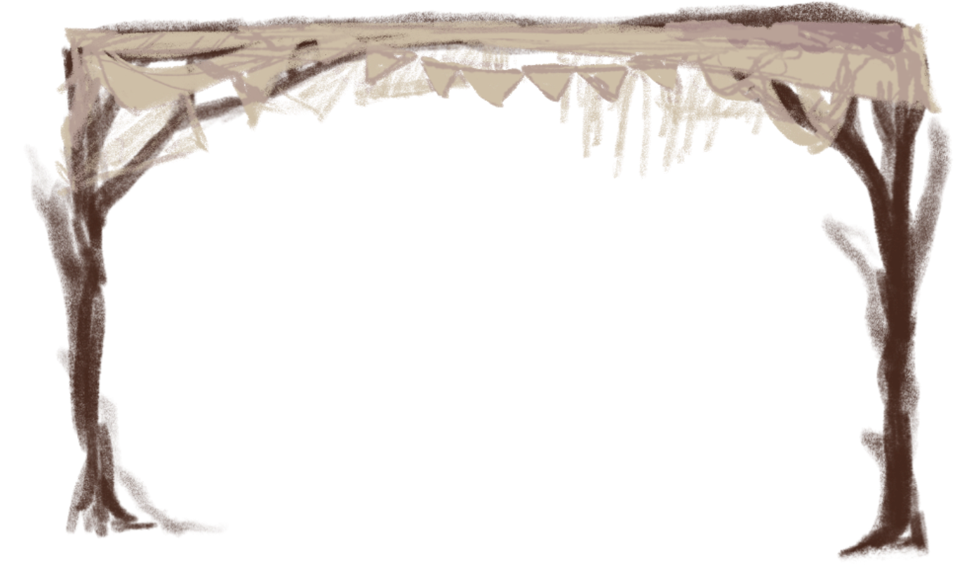 Structure composed of wooden bolstering posts growing from the ground, supporting a cross-beam over which fabric is draped. Creates the effect of a simple canopy like you might see over a market booth.